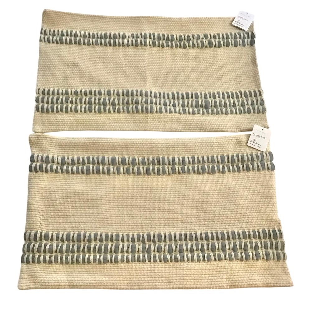 Pottery Barn Reed Striped Lumbar Chambray Pillow Covers Set of 2 Cream 16x26 NWT
